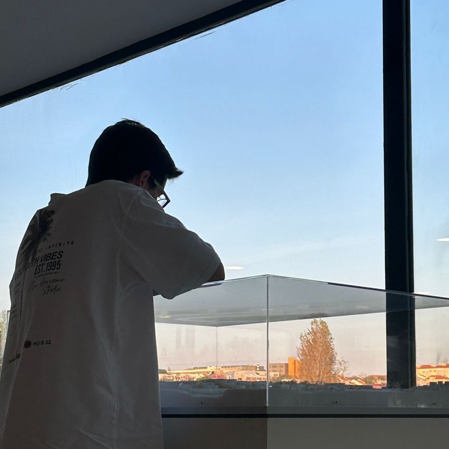 Rafael, seen from behind, looking out of a large window over a city at dusk
